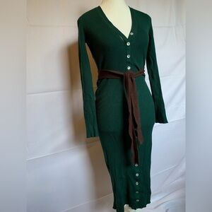 Women’s Small Stretchy Ribbed Forest Green Long Sleeve Dress with Brown Belt Y2K